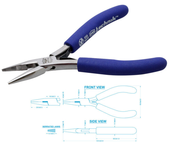 Aven 10315 Pliers Long Nose 4-3/4" - Serrated - Stainless Steel - ESD Safe Grips - W Cutter pic