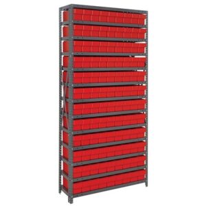 Quantum Storage Systems 1275-501 RD - Super Tuff Euro Series Open Style Steel Shelving w/108 Bins - 12" x 36" x 75" - Red pic