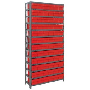 Quantum Storage Systems 1275-601 RD - Super Tuff Euro Series Open Style Steel Shelving w/72 Bins - 12" x 36" x 75" - Red pic
