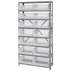 Quantum Storage Systems QSBU-250CL - Stack & Hang Series Clear-View Giant Open Hopper Steel Shelving w/14 Bins - 12" x 36" x 75" - Clear pic