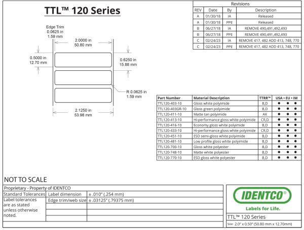 2.00" x 0.50" PCB Labels, General Purpose, Glossy White Polyimide, TTL120, 10,000 Count pic