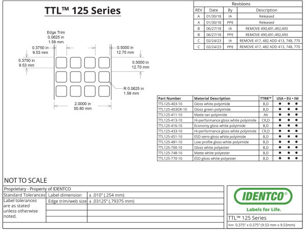 0.375" x 0.375" PCB Labels, General Purpose, Glossy White Polyimide, TTL125, 10,000 Count pic