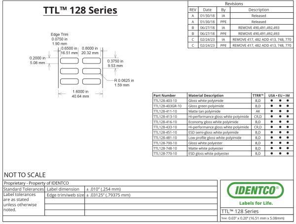 0.65" x 0.20" PCB Labels, General Purpose, Glossy White Polyimide, TTL128, 10,000 Count pic