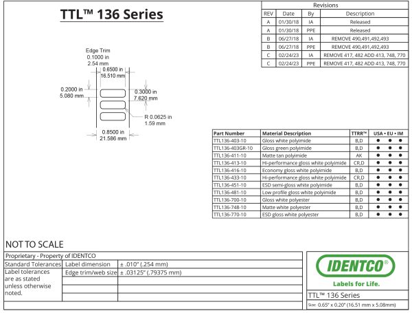 0.65" x 0.20" PCB Labels, General Purpose, Matte White Polyester, TTL136, 10,000 Count pic