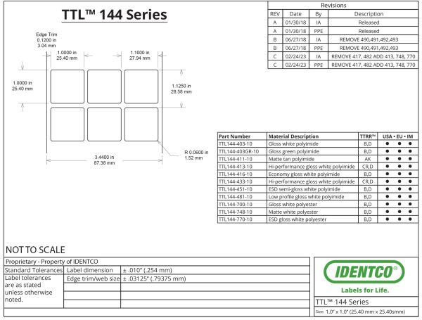 1.00" x 1.00" PCB Labels, General Purpose, Glossy White Polyimide, TTL144, 10,000 Count pic